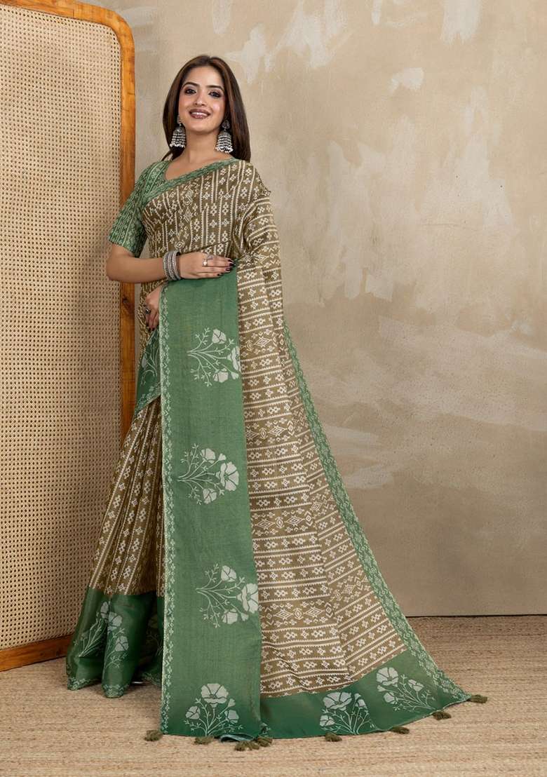 Brown Silk Blend Saree Set with Zari Work for Diwali | Wedding & Festive Wear - Indya