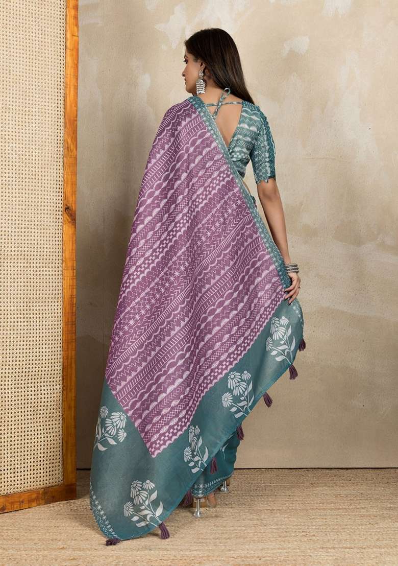 Purple Zari Work Silk Blend Saree Set for Diwali and Festive Wear - Indya