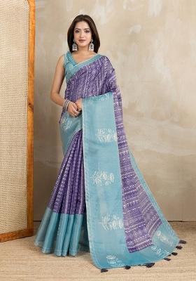 Purple Zari Work Silk Blend Saree Set