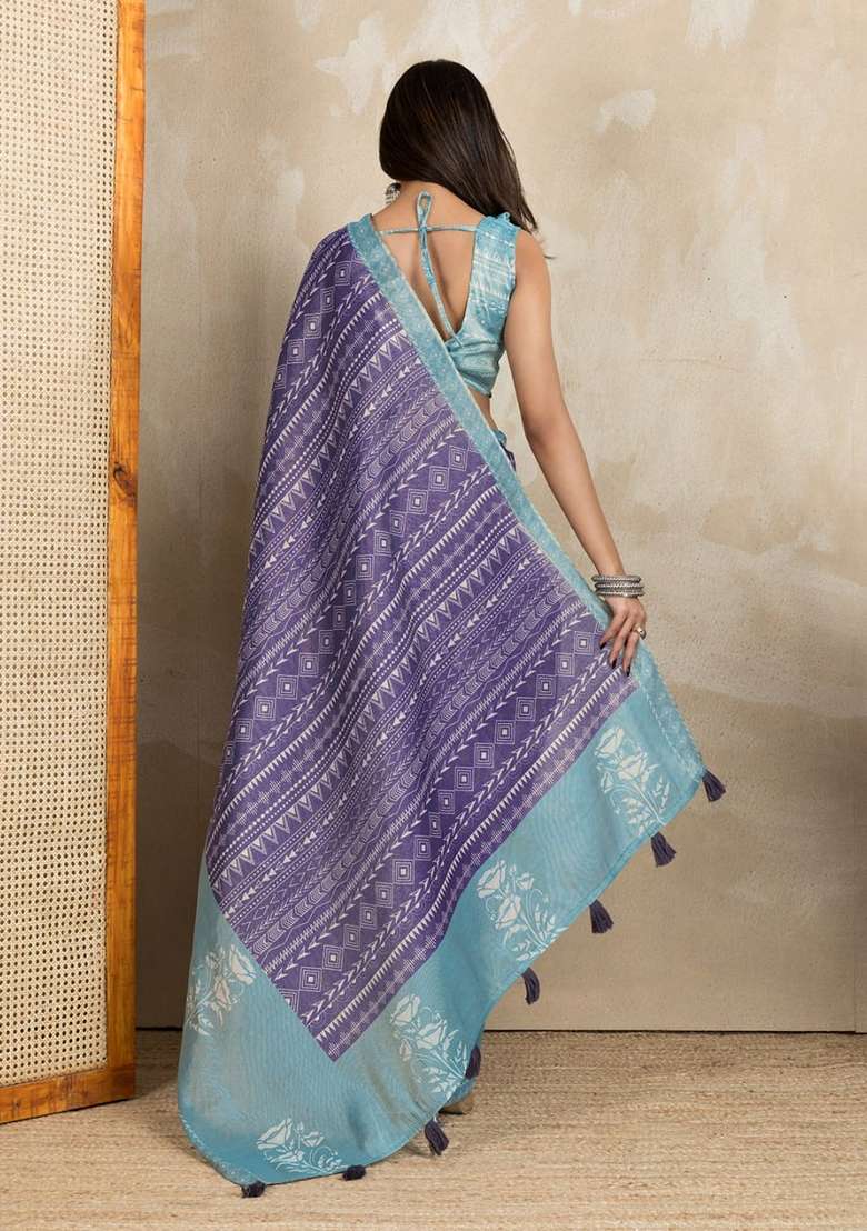 Purple Silk Blend Saree Set with Zari Work for Diwali | Wedding & Festive Wear - Indya
