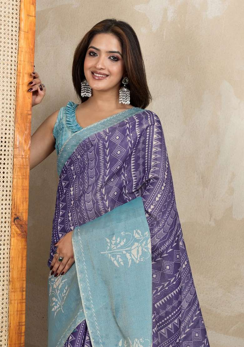 Purple Silk Blend Saree Set with Zari Work for Diwali | Wedding & Festive Wear - Indya