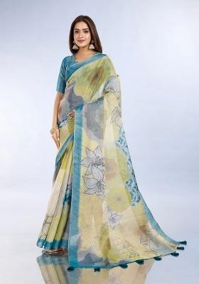 Light Yellow Zari Work Silk Blend Saree Set