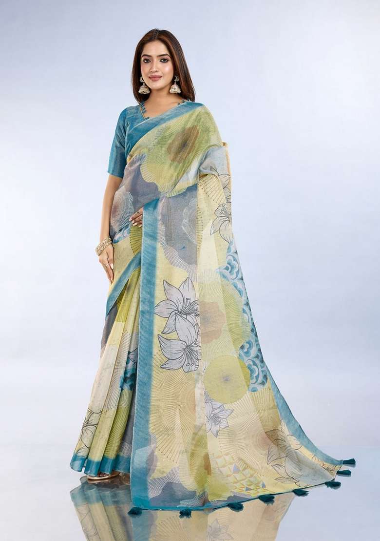 Light Yellow Silk Blend Saree Set with Zari Work for Diwali | Wedding & Festive Wear - Indya
