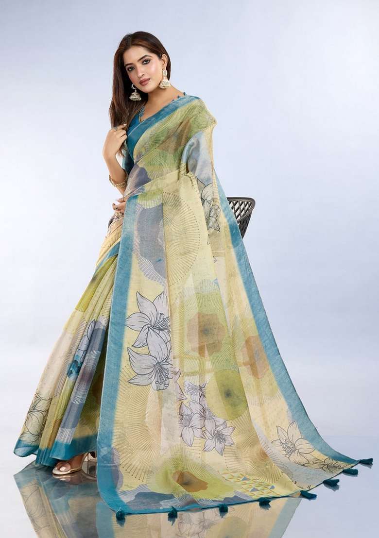 Light Yellow Silk Blend Saree Set with Zari Work for Diwali | Wedding & Festive Wear - Indya