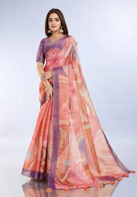 Peach Zari Work Silk Blend Saree Set