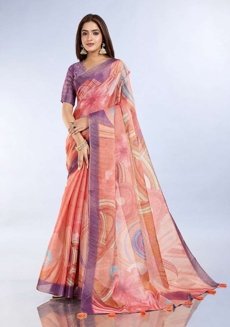 Peach Zari Work Silk Blend Saree Set for Diwali and Festive Wear - Indya