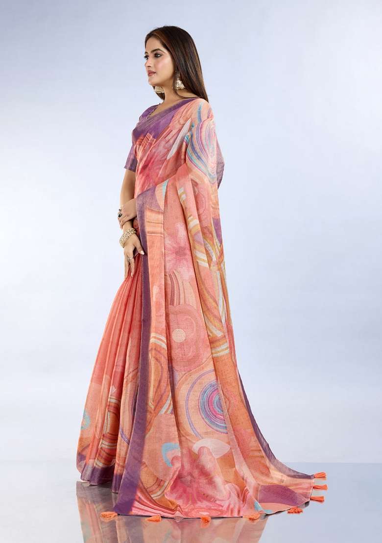 Peach Zari Work Silk Blend Saree Set for Diwali and Festive Wear - Indya
