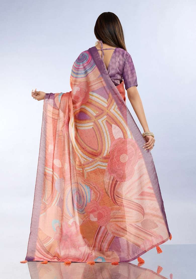 Peach Zari Work Silk Blend Saree Set for Diwali and Festive Wear - Indya