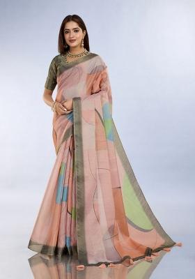 Light Peach Zari Work Silk Blend Saree Set