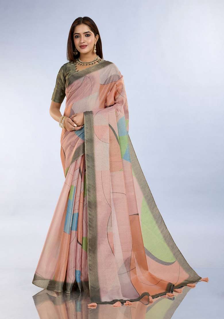 Light Peach Zari Work Silk Blend Saree Set for Diwali and Festive Wear - Indya