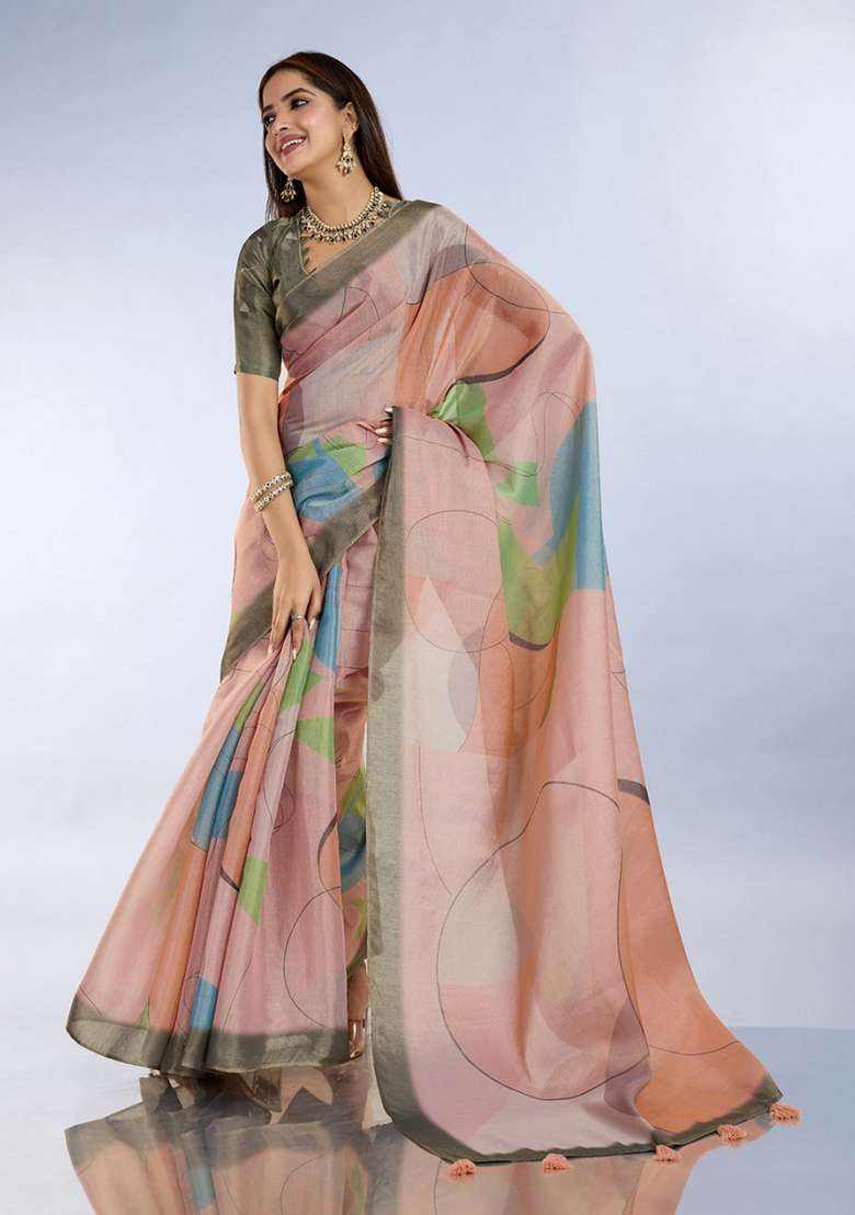Light Peach Zari Work Silk Blend Saree Set for Diwali and Festive Wear - Indya