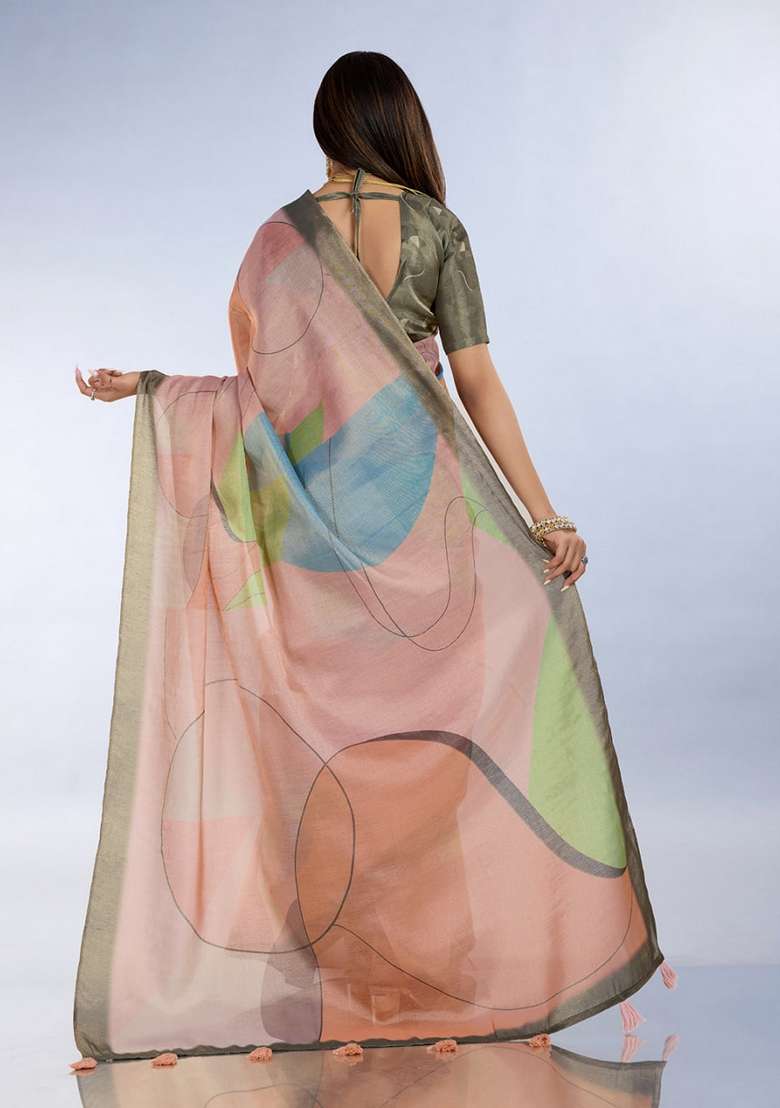 Light Peach Zari Work Silk Blend Saree Set for Diwali and Festive Wear - Indya