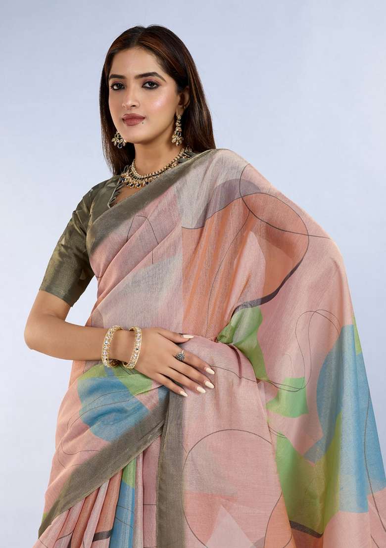 Light Peach Zari Work Silk Blend Saree Set for Diwali and Festive Wear - Indya