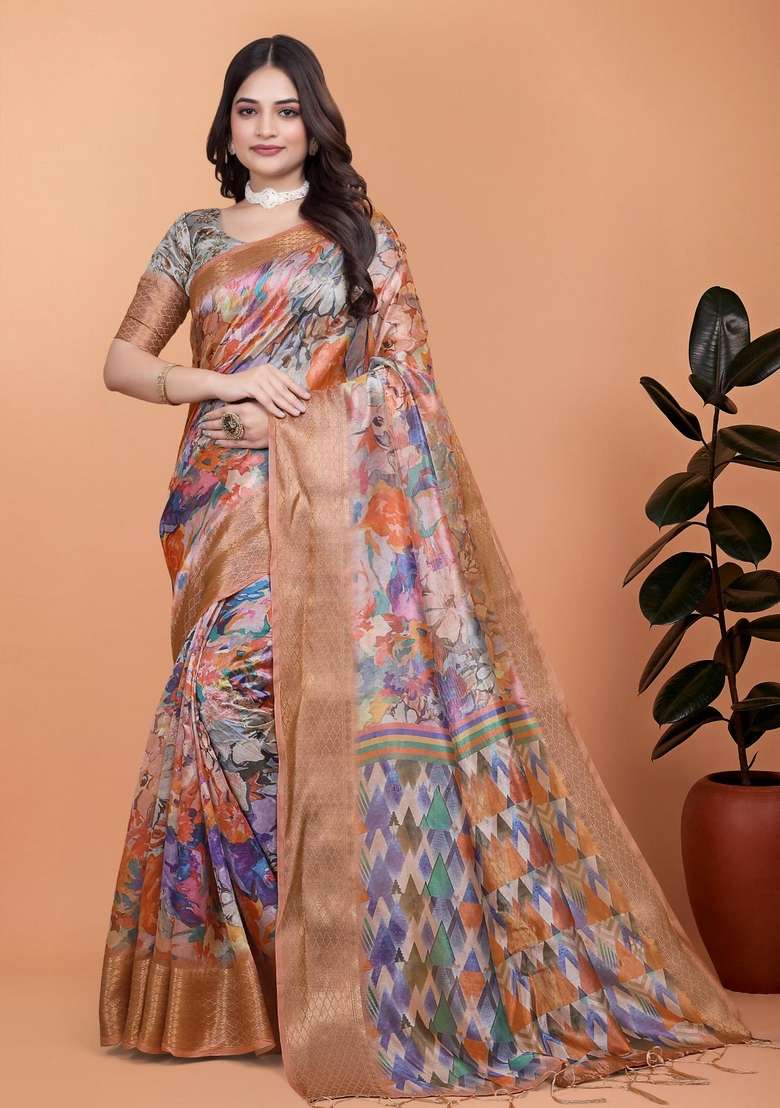 Multicolor Zari Work Silk Blend Saree Set for Diwali and Festive Wear - Indya