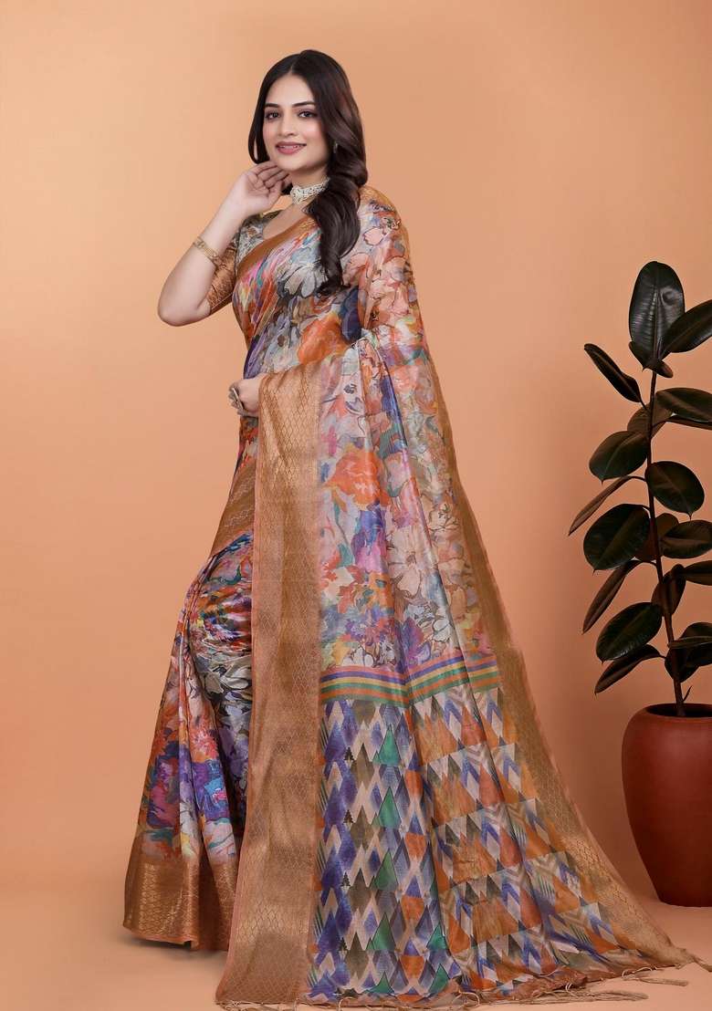 Multicolor Zari Work Silk Blend Saree Set for Diwali and Festive Wear - Indya