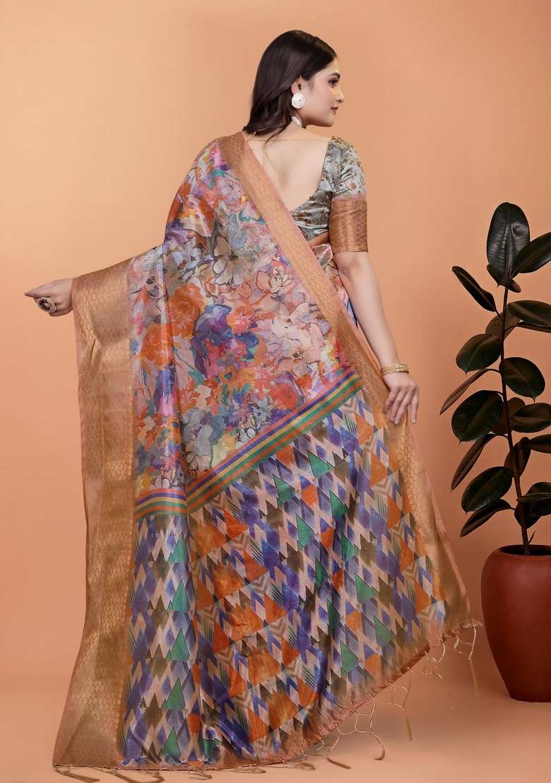 Multicolor Zari Work Silk Blend Saree Set for Diwali and Festive Wear - Indya