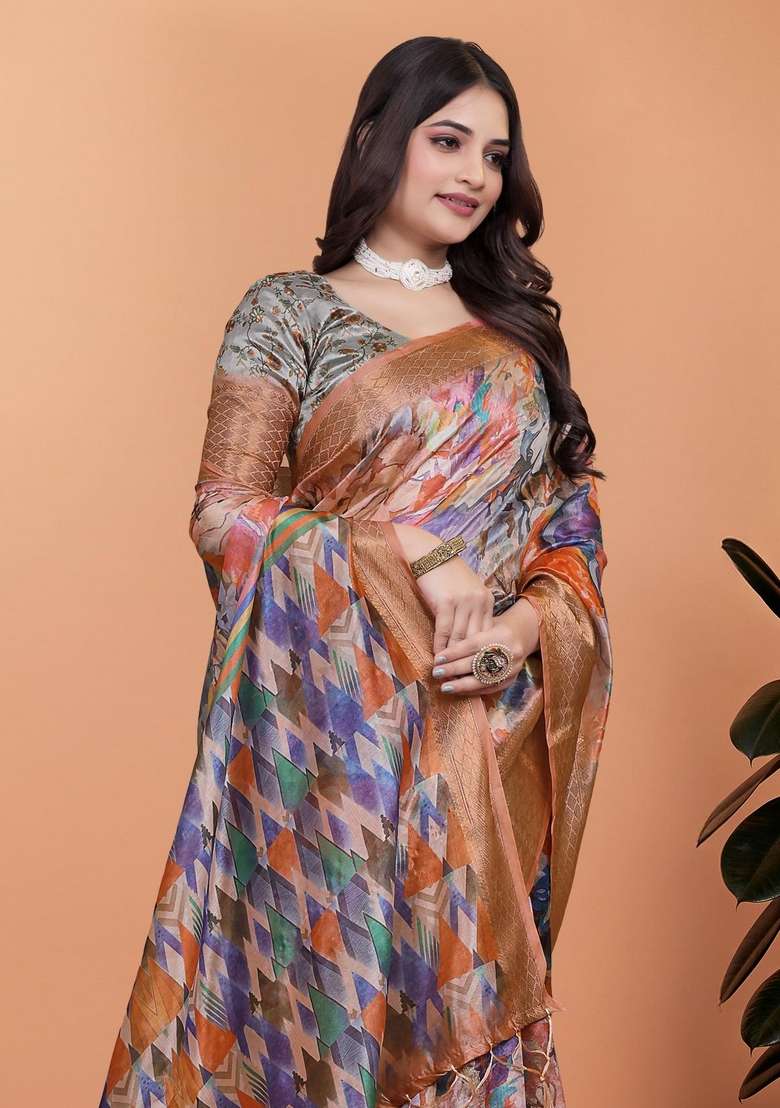 Multicolor Zari Work Silk Blend Saree Set for Diwali and Festive Wear - Indya