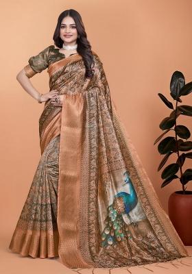 Brown Zari Work Silk Blend Saree Set