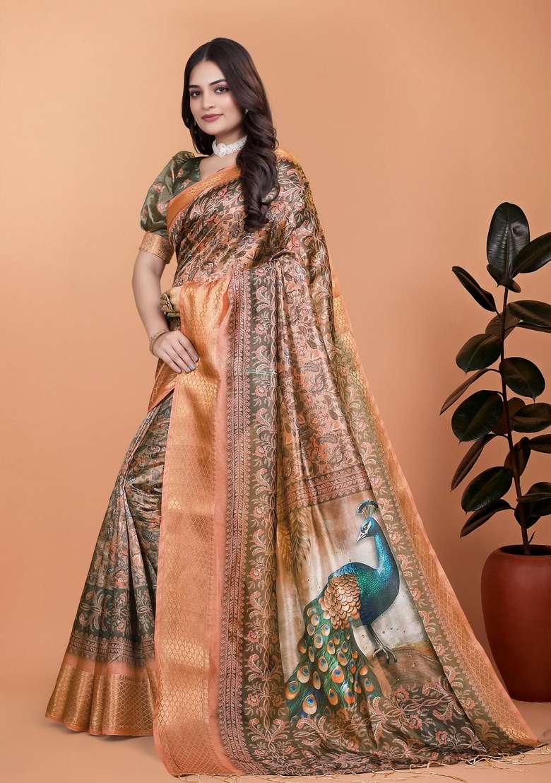 Brown Silk Blend Saree Set with Zari Work for Diwali | Wedding & Festive Wear - Indya