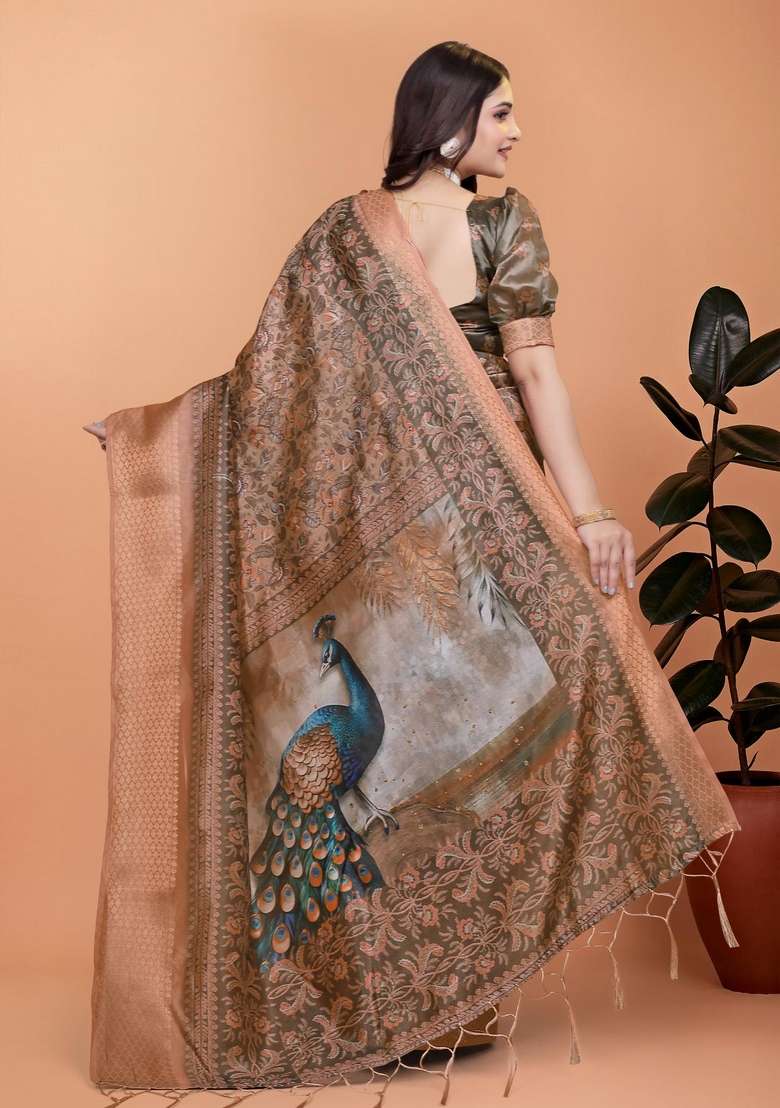 Brown Silk Blend Saree Set with Zari Work for Diwali | Wedding & Festive Wear - Indya