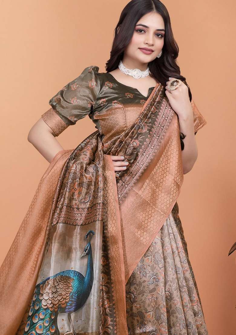 Brown Silk Blend Saree Set with Zari Work for Diwali | Wedding & Festive Wear - Indya