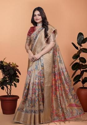 Cream Zari Work Silk Blend Saree Set