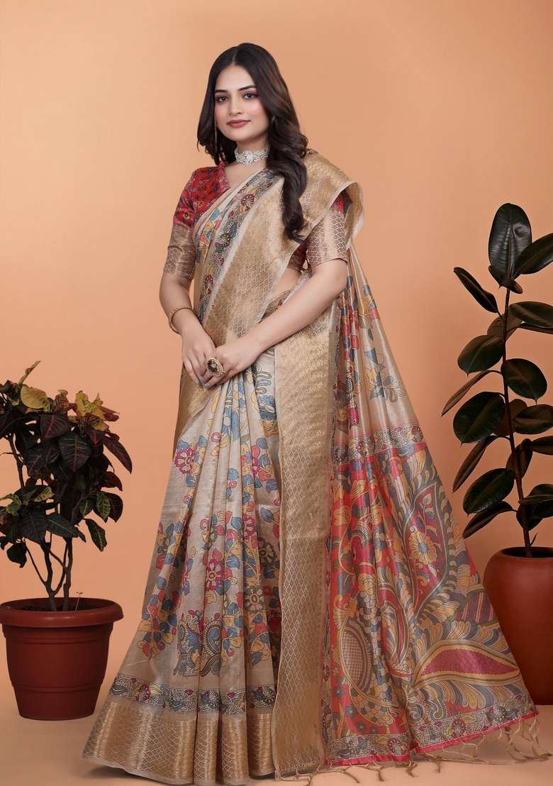Cream Zari Work Silk Blend Saree Set for Diwali and Festive Wear - Indya