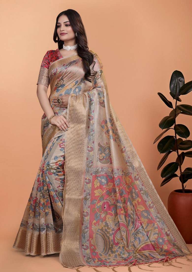 Cream Zari Work Silk Blend Saree Set for Diwali and Festive Wear - Indya