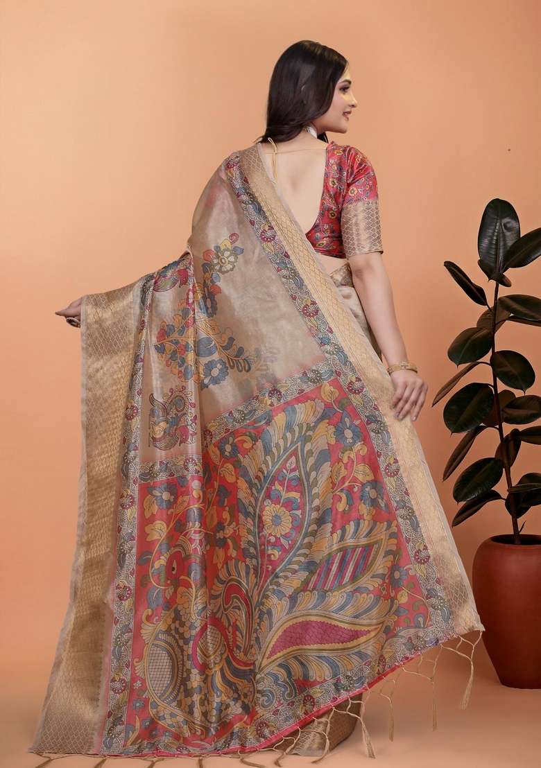 Cream Zari Work Silk Blend Saree Set for Diwali and Festive Wear - Indya