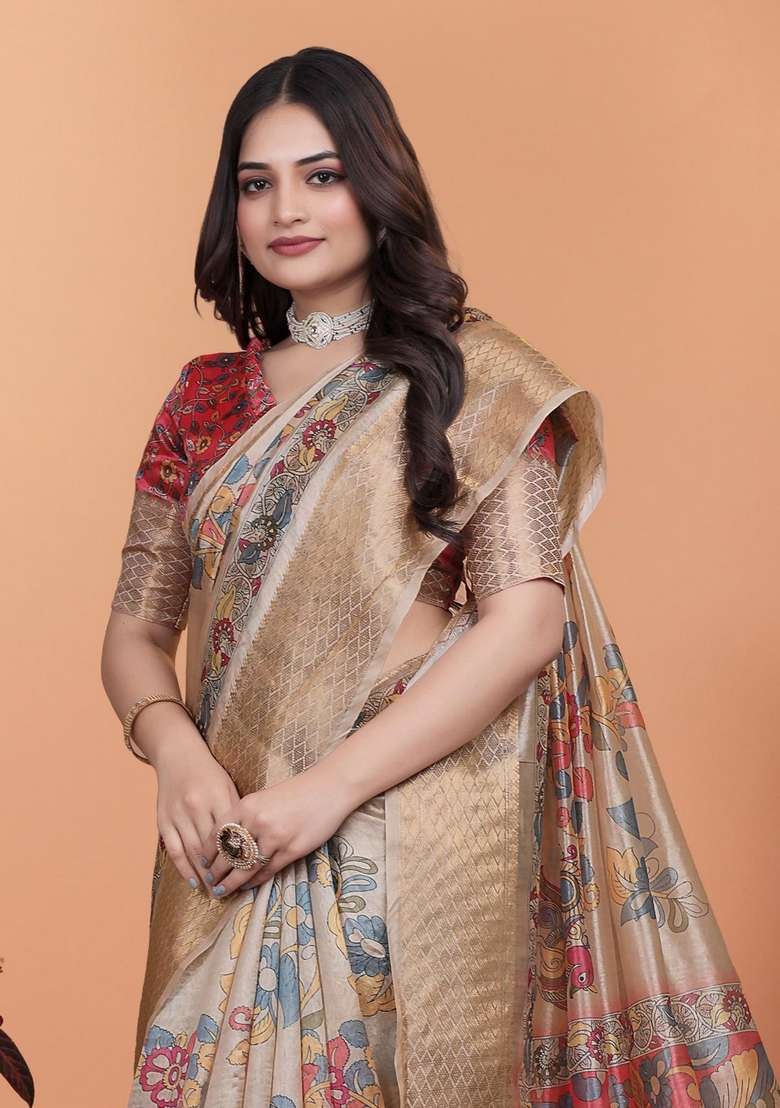 Cream Zari Work Silk Blend Saree Set for Diwali and Festive Wear - Indya