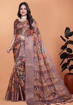 Brown Zari Work Silk Blend Saree Set