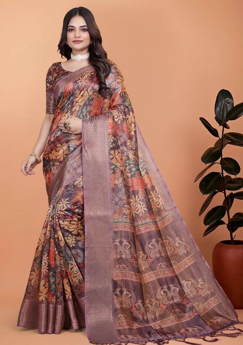 Brown Silk Blend Saree Set with Zari Work for Diwali | Wedding & Festive Wear - Indya