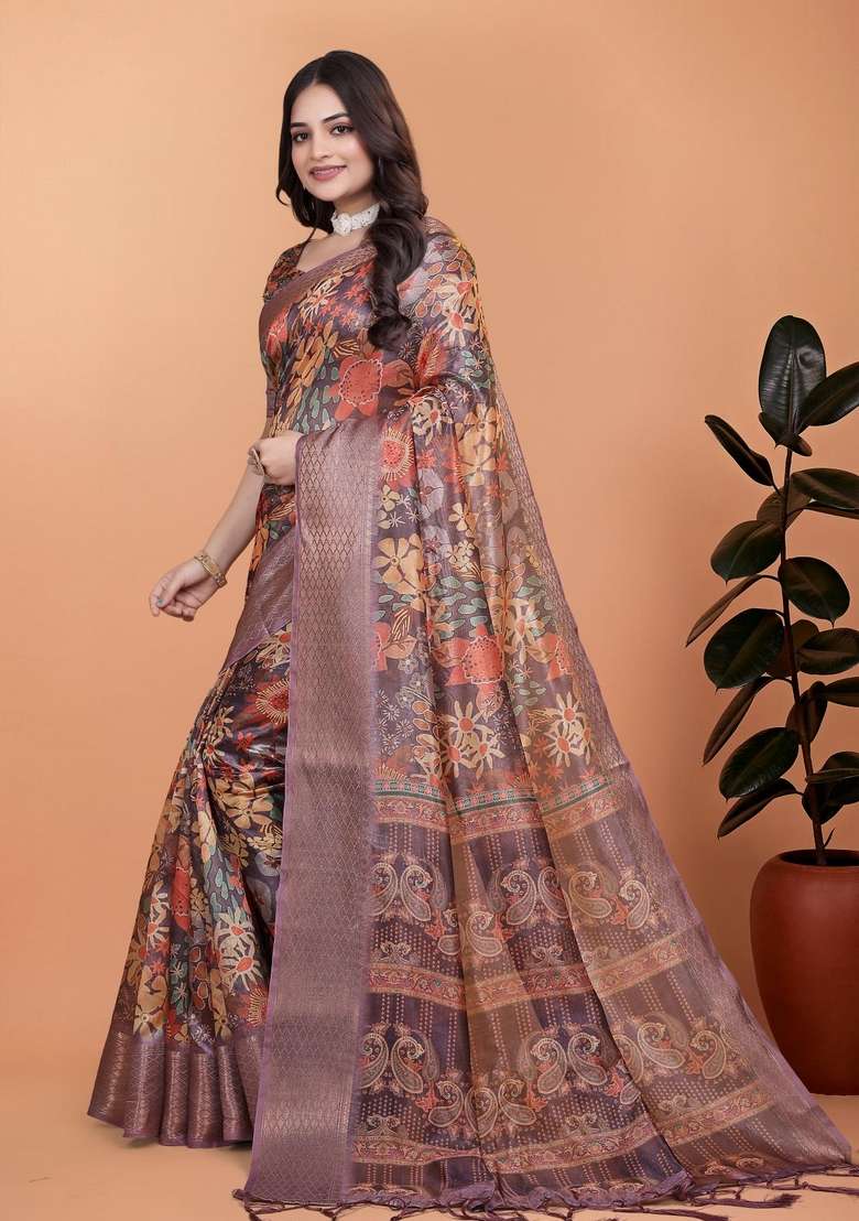 Brown Silk Blend Saree Set with Zari Work for Diwali | Wedding & Festive Wear - Indya