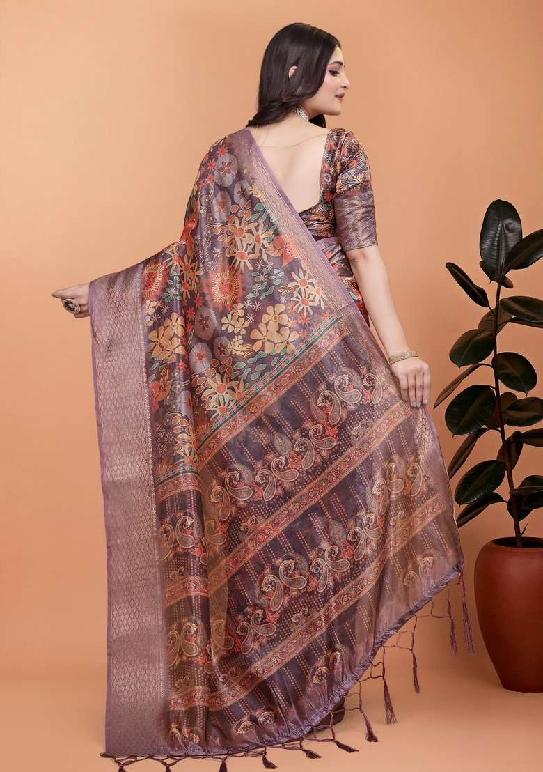 Brown Silk Blend Saree Set with Zari Work for Diwali | Wedding & Festive Wear - Indya