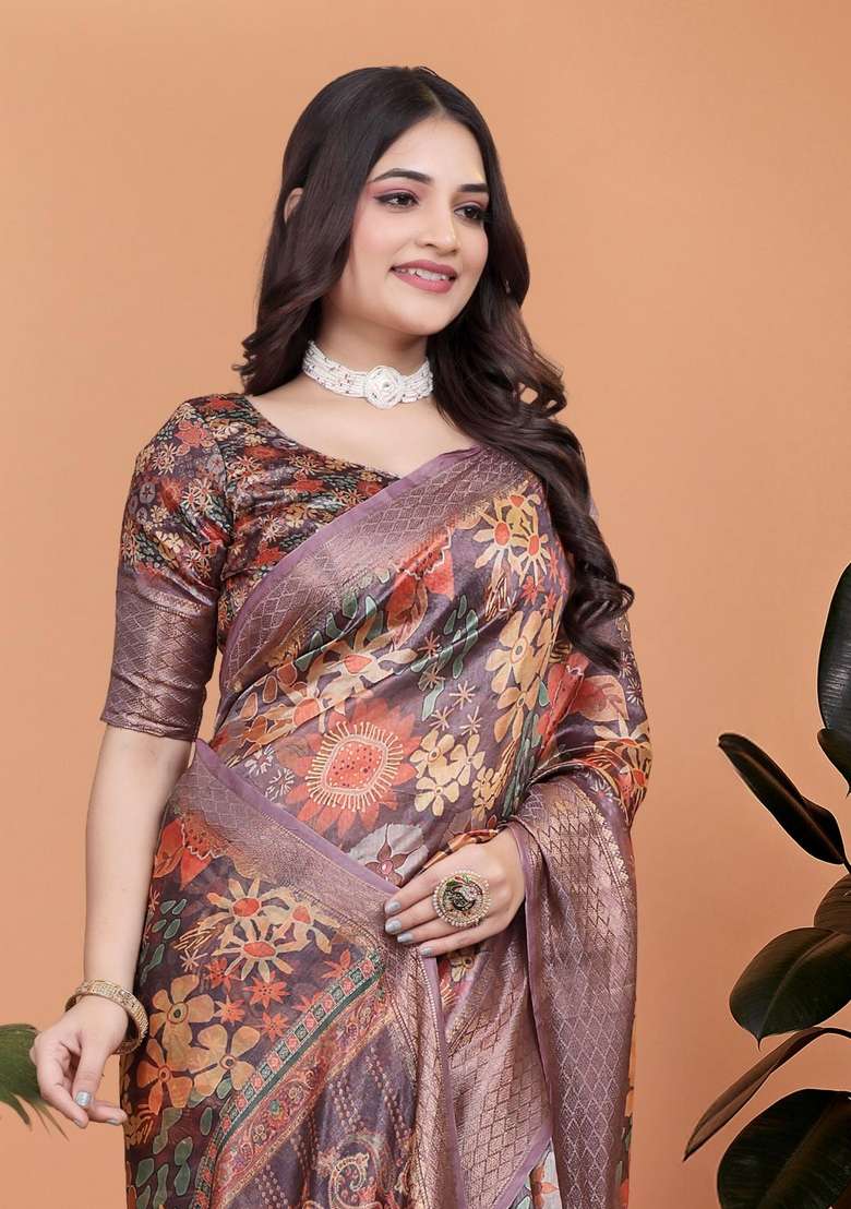 Brown Silk Blend Saree Set with Zari Work for Diwali | Wedding & Festive Wear - Indya
