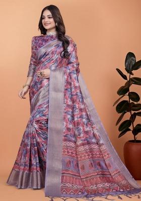 Peach Zari Work Silk Blend Saree Set