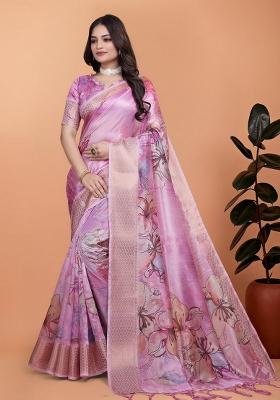 Baby Pink Zari Work Silk Blend Saree Set