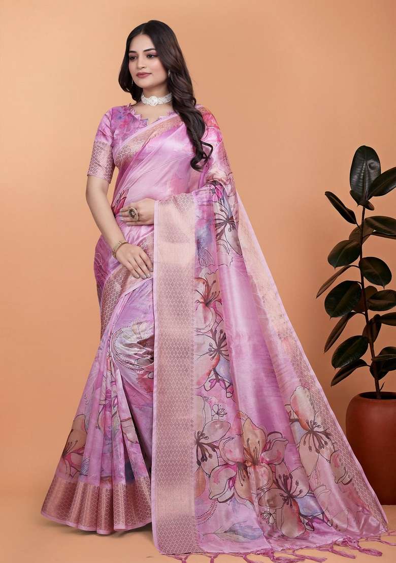 Baby Pink Zari Work Silk Blend Saree Set for Diwali and Festive Wear - Indya