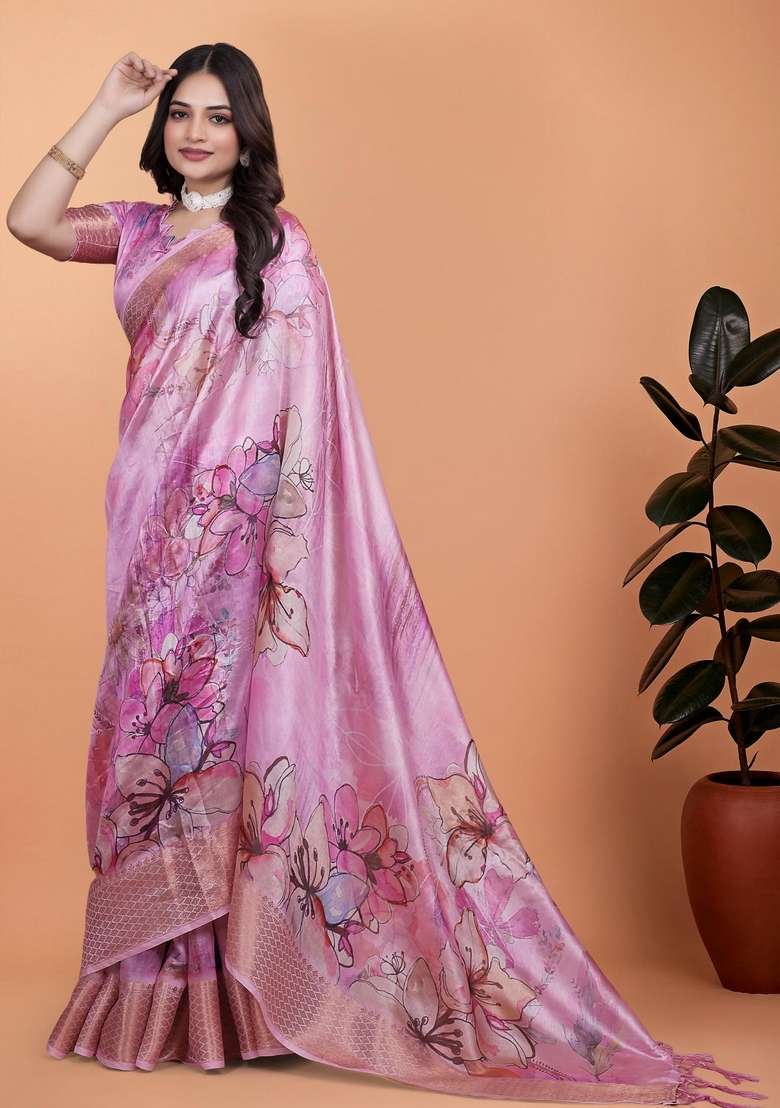 Baby Pink Zari Work Silk Blend Saree Set for Diwali and Festive Wear - Indya