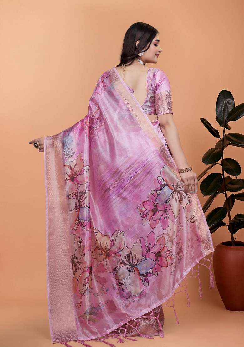 Baby Pink Zari Work Silk Blend Saree Set for Diwali and Festive Wear - Indya