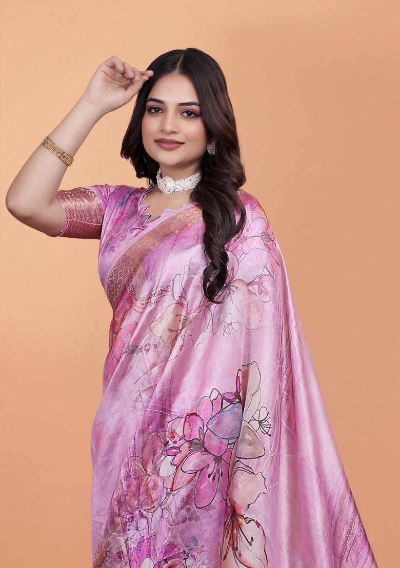 Baby Pink Zari Work Silk Blend Saree Set for Diwali and Festive Wear - Indya