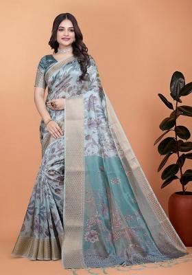 Sky Blue Zari Work Silk Blend Saree Set