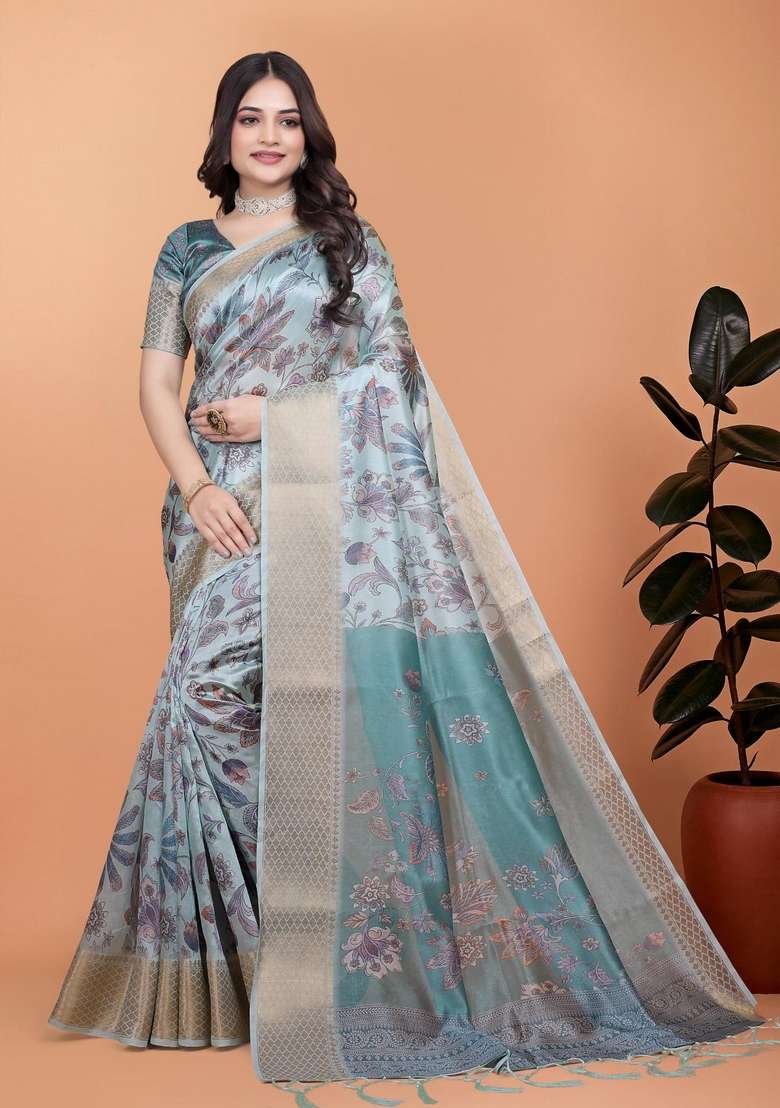 Sky Blue Silk Blend Saree Set with Zari Work for Diwali | Wedding & Festive Wear - Indya