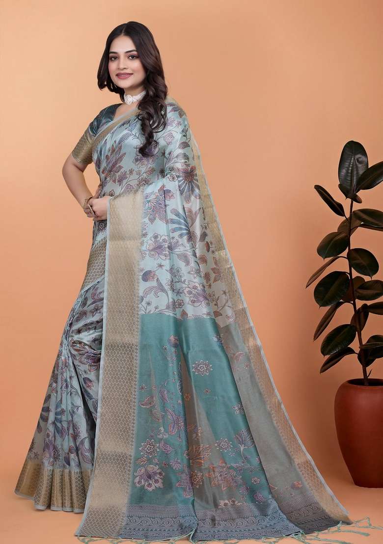 Sky Blue Silk Blend Saree Set with Zari Work for Diwali | Wedding & Festive Wear - Indya