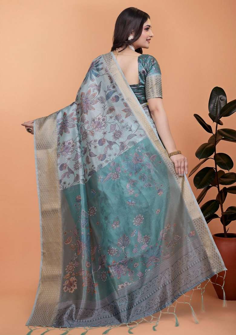 Sky Blue Silk Blend Saree Set with Zari Work for Diwali | Wedding & Festive Wear - Indya