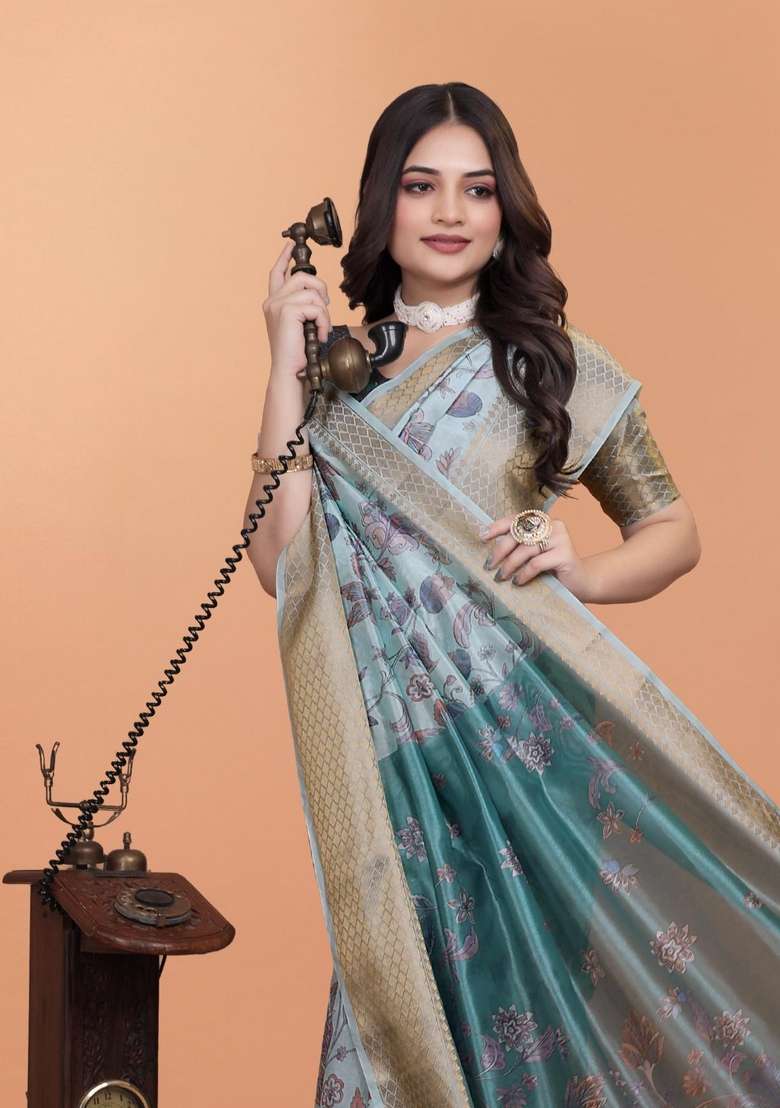 Sky Blue Silk Blend Saree Set with Zari Work for Diwali | Wedding & Festive Wear - Indya