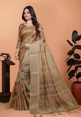 Golden Zari Work Silk Blend Saree Set