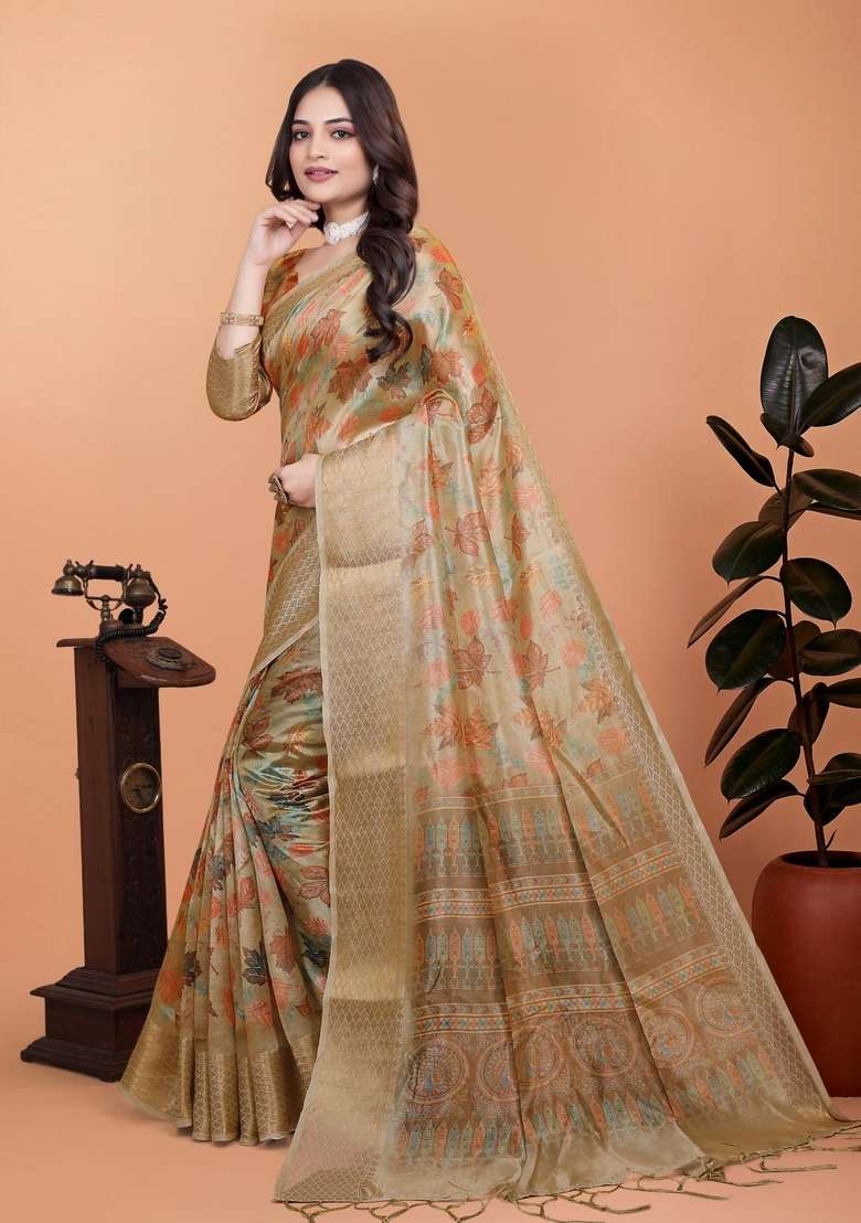 Golden Silk Blend Saree Set with Zari Work for Diwali | Wedding & Festive Wear - Indya