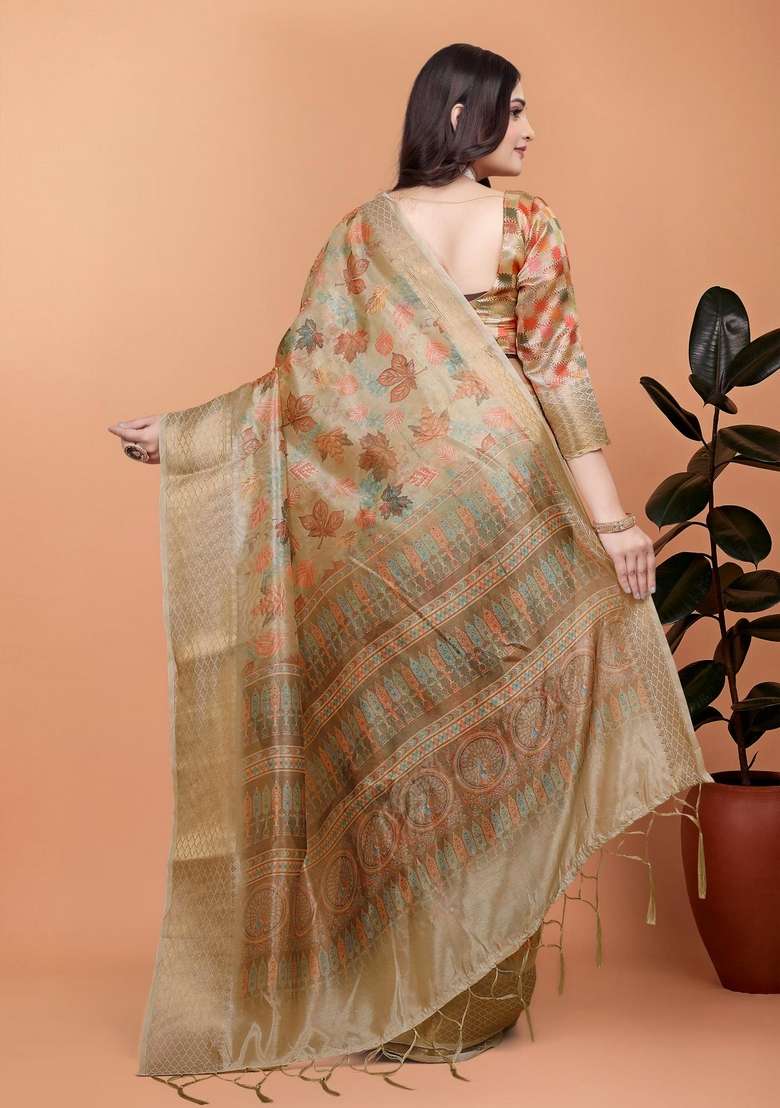 Golden Silk Blend Saree Set with Zari Work for Diwali | Wedding & Festive Wear - Indya