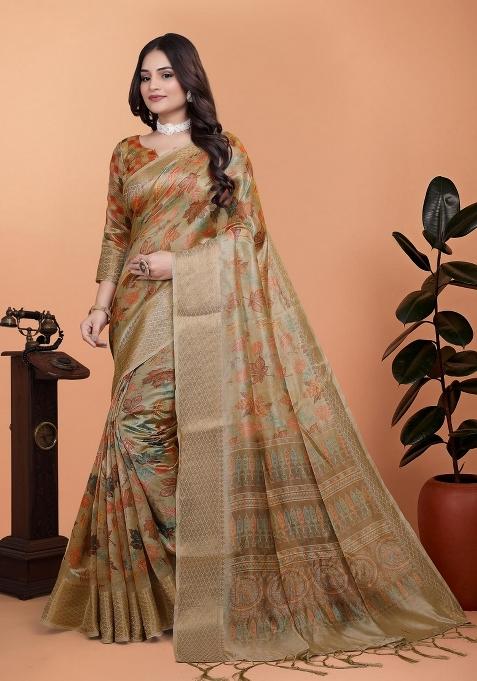 Golden Zari Work Silk Saree Set — view on Indya